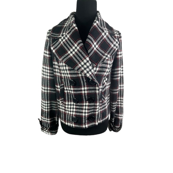 Wet Seal Peacoat Cotton Blend Double Breasted Plaid Cropped Collared Jacket - Picture 3 of 13